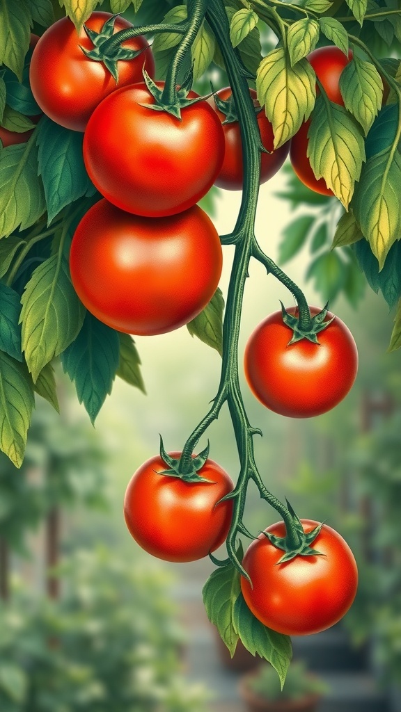 Tomato Vine Illustration Recipe A colorful illustration of a tomato vine with ripe tomatoes and green leaves.